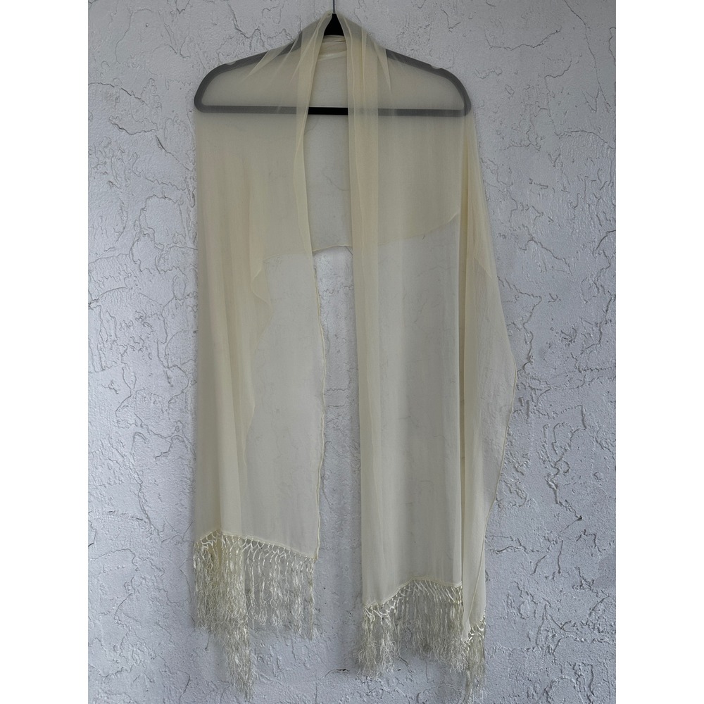 Vintage Sheer Cream Chiffon Wrap Scarf Long Fringe Trim Ivory Shawl